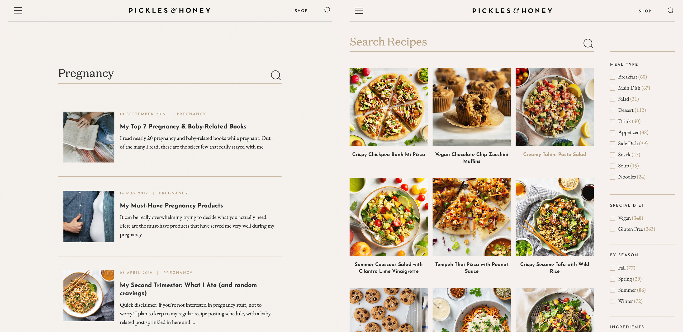 Pickles & Honey search page designs