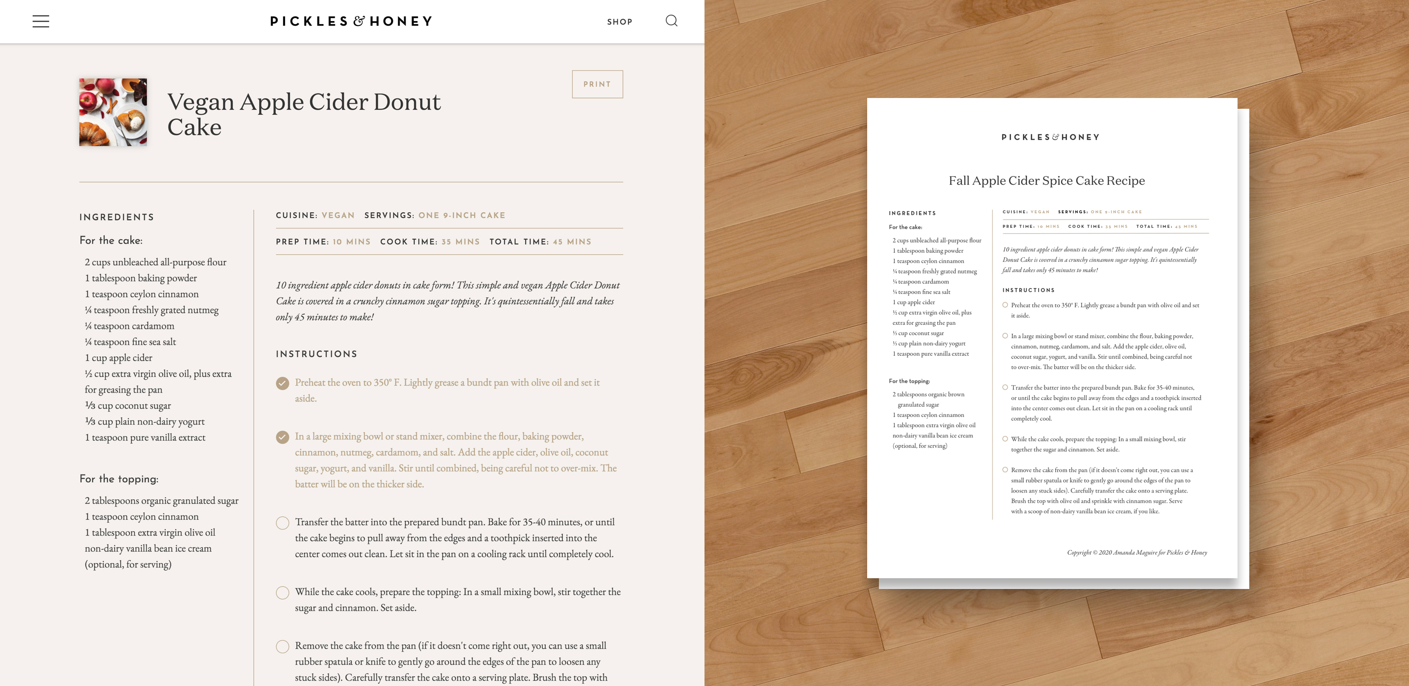 Pickles & Honey website recipe layout